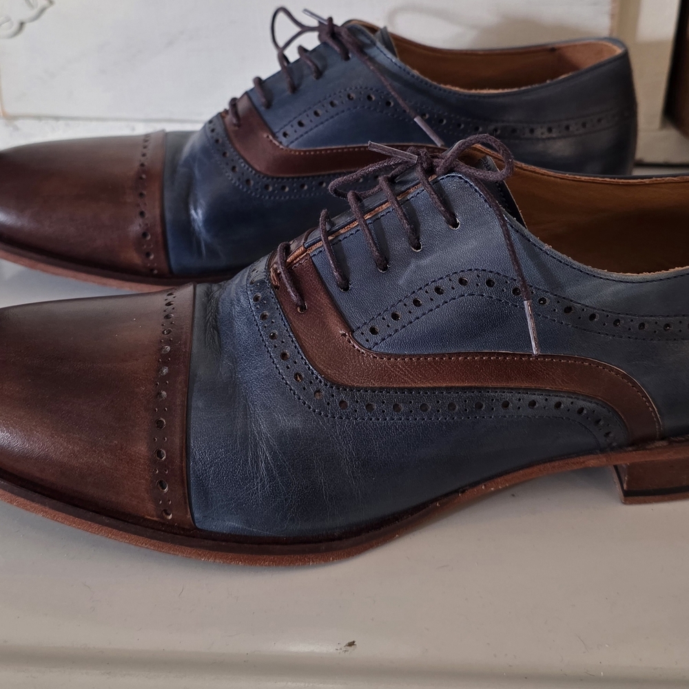 Men's Zerbay Eryx Navy-Brown Handpainted Leather Oxford Shoes, Blake Stitched